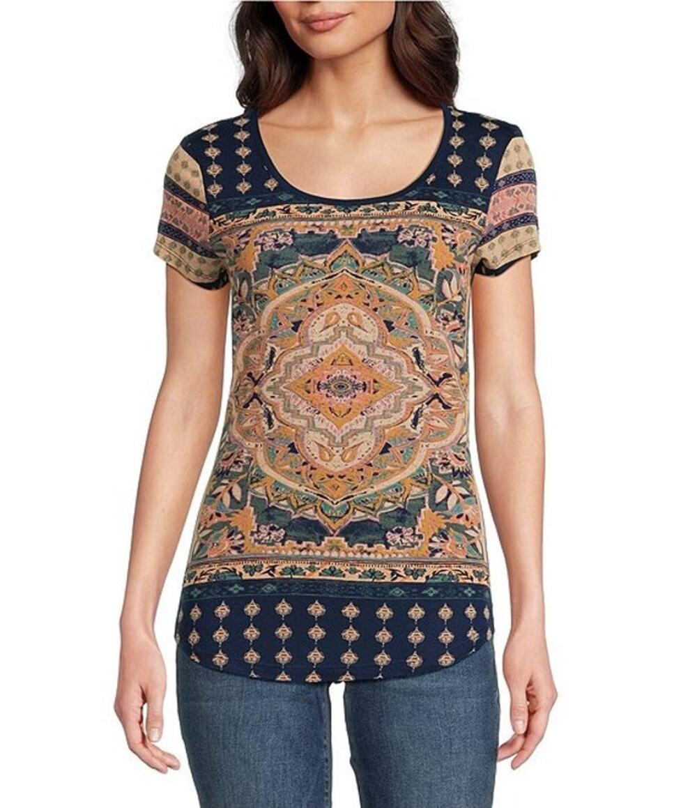 Lucky Brand Persian Carpet Scoop Neck Short Sleeve T Shirt Navy Orange Size 1X